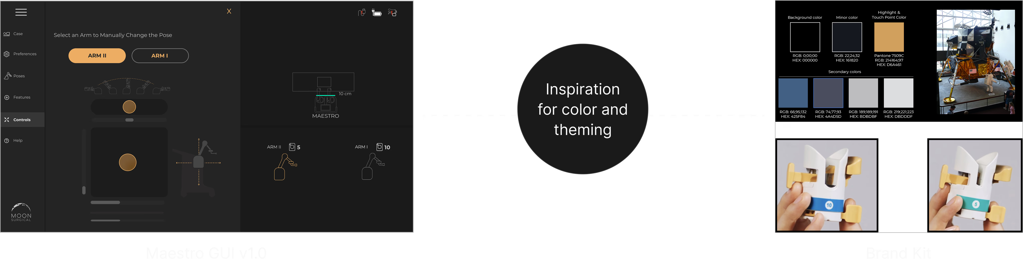Design system inspiration showing Maestro GUI v1.0 colors and brand kit reference